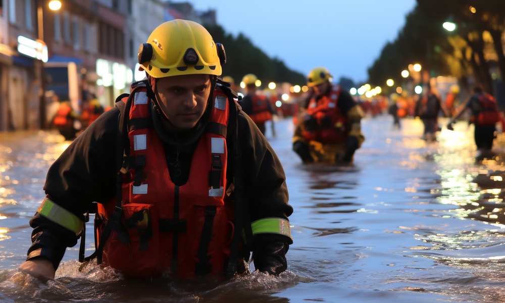 Firefighter To The Rescue In A City Flooded By Torrential Rain